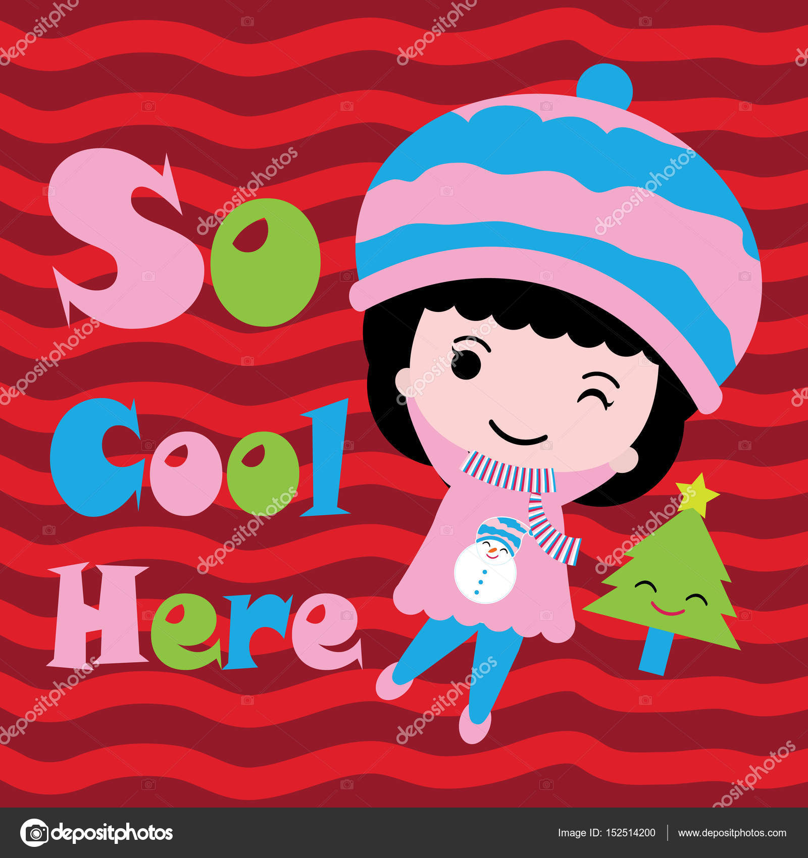 Cute Girl And Xmas Tree On Red Background Vector Cartoon Xmas Postcard Wallpaper And Greeting Card Stock Vector C Mommy05 152514200