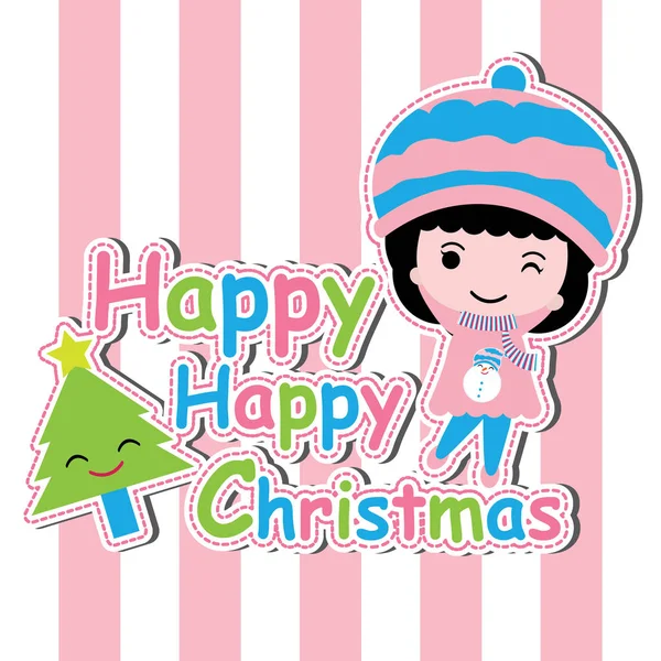 Cute girl and Xmas tree on pink striped background vector cartoon, Xmas postcard, wallpaper, and greeting card