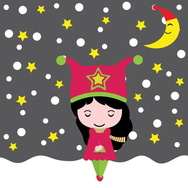 Linda chica disfruta del momento en la noche de fondo vector de dibujos animados, postal de Navidad, papel pintado, y la tarjeta de felicitación — Vector de stock