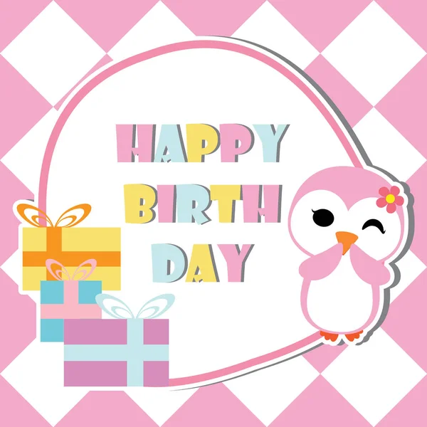 Cute penguin girl is winking on birthday gifts frame vector cartoon, Birthday postcard, wallpaper, and greeting card — Stock Vector
