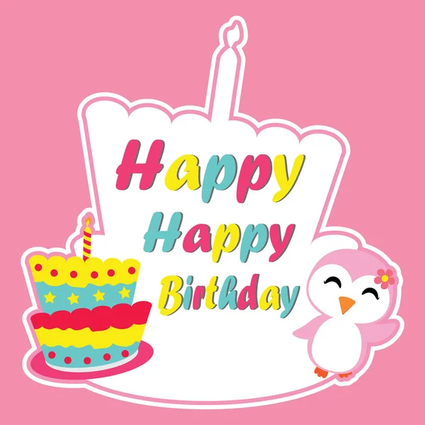 Милая девушка пингвин счастлива на день рождения торт рамка векторный мультфильм, открытка на день рождения, обои, и поздравительные открытки — стоковый вектор
