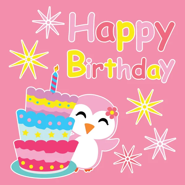 Cute penguin girl smiles beside birthday cake vector cartoon, Birthday postcard, wallpaper, and greeting card — Stock Vector