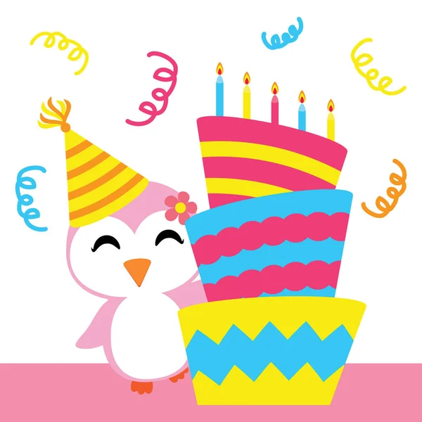 Söt pingvin flicka med födelsedag kaka vektor tecknad, födelsedag-vykort, skrivbordsunderlägg och gratulationskort — Stock vektor