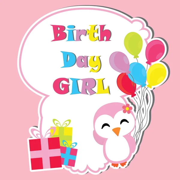 Söt pingvin flicka med Födelsedagspresenter och ballonger ram vektor tecknad, födelsedag vykort, tapeter och gratulationskort — Stock vektor