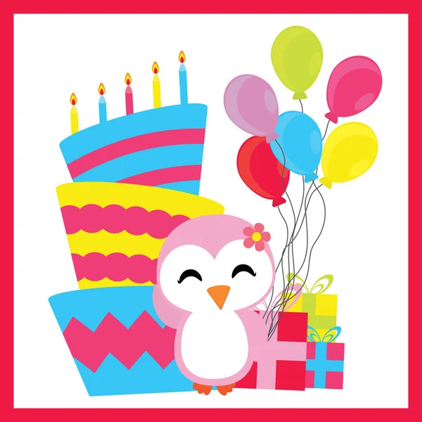 Cute penguin girl with birthday cake, balloons, and gifts vector cartoon, Birthday postcard, wallpaper, and greeting card — Stock Vector