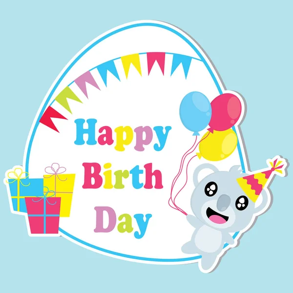 Cute koala brings balloons and colorful flag frame vector cartoon, Birthday postcard, wallpaper, and greeting card — Stock Vector