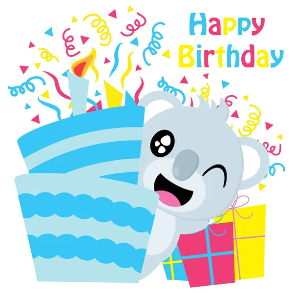 Coala bonito além de bolos de aniversário desenho animado vetorial, cartão postal de aniversário, papel de parede e cartão de saudação — Vetor de Stock