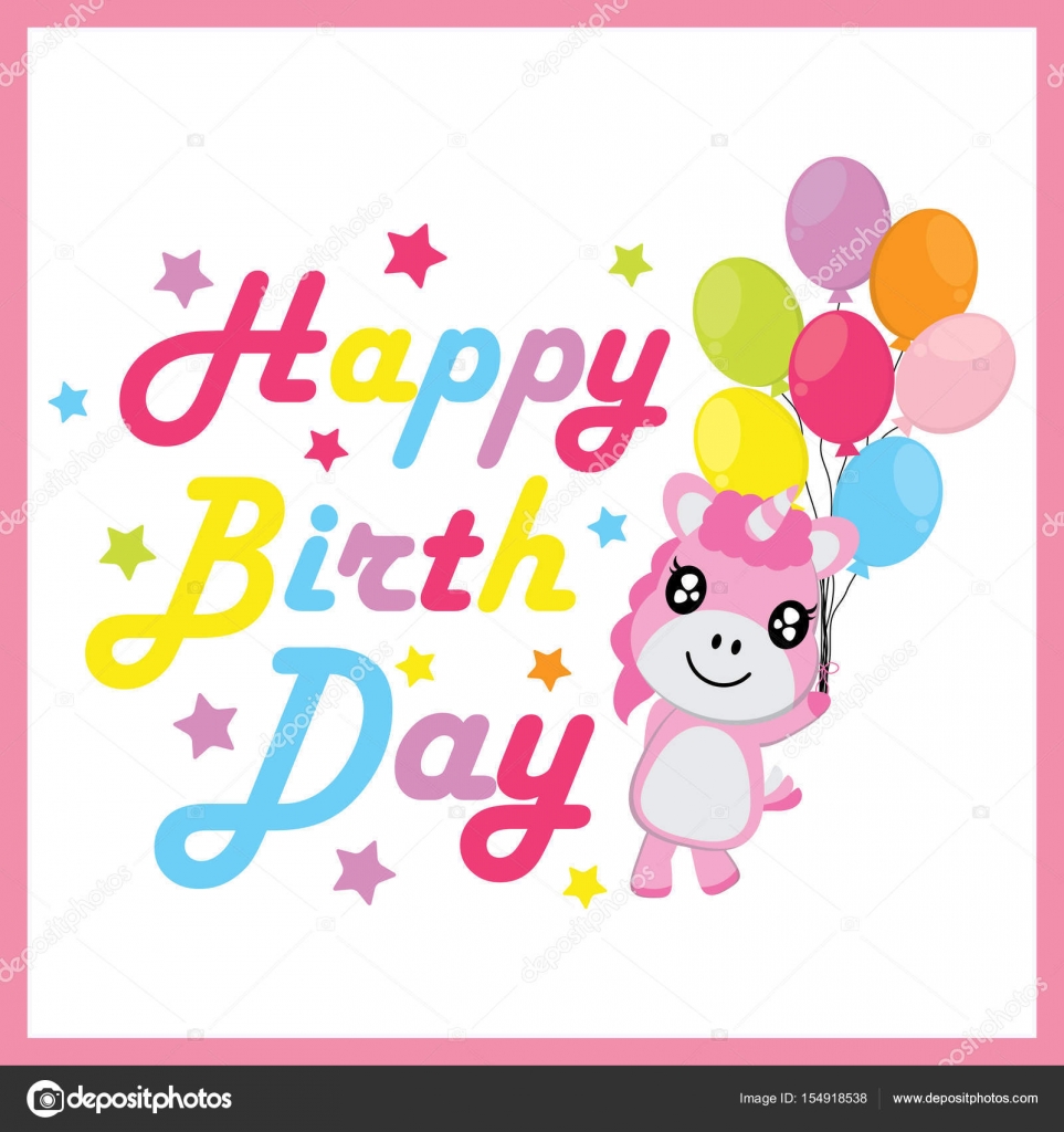 Cute Baby Unicorn Brings Balloons Vector Cartoon Birthday