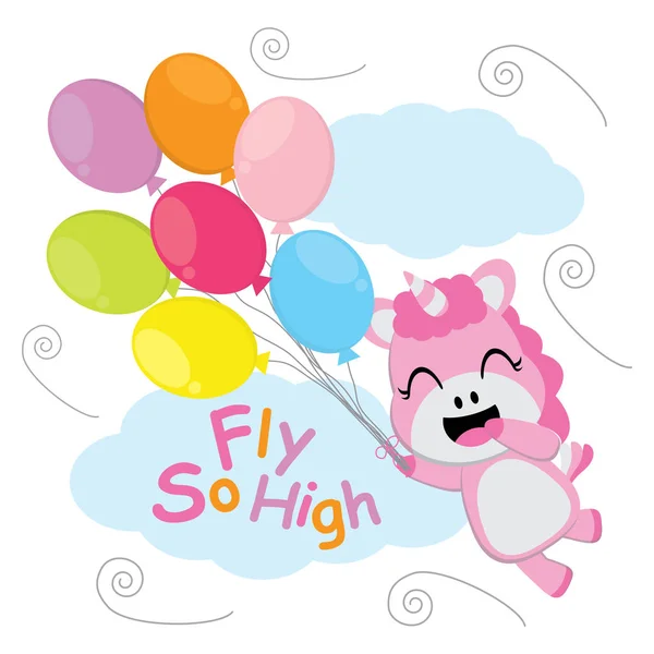 Unicórnio bonito voa com desenhos animados vetoriais balões coloridos, cartão postal Kid, papel de parede e cartão de saudação —  Vetores de Stock