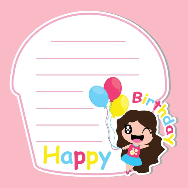 Linda chica con globos de colores en el marco, cartón del vector, para la tarjeta de cumpleaños del niño y la tarjeta de invitación — Vector de stock