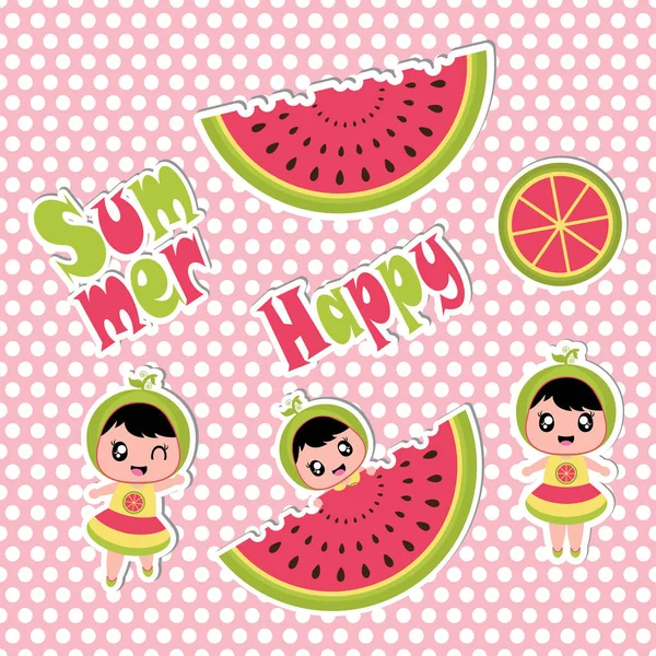 Stiker musim panas diatur dengan gadis lucu dan watermelon vector kartun untuk set stiker musim panas - Stok Vektor