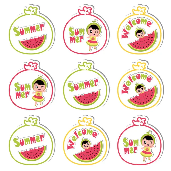 Summer cupcake topper with cute girl and watermelon on watermelon frame vector cartoon for summer cupcake topper set — Stock Vector