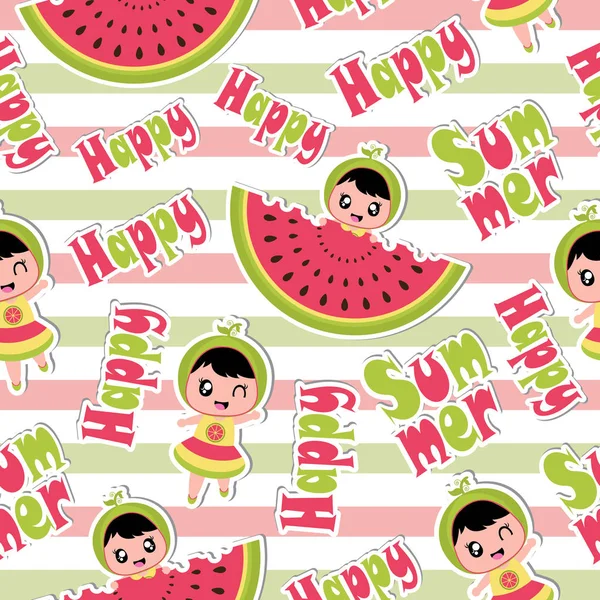 Sommaren sömlösa mönster med söt flicka och vattenmelon på randig bakgrund vektor tecknad för sommaren tapet — Stock vektor