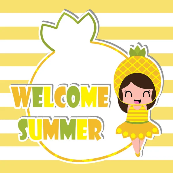 Tarjeta de felicitación de verano con marco de niña linda piña en la historieta vectorial de fondo rayado para la postal de verano — Vector de stock