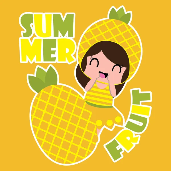 Summer vector cartoon with cute pineapple girl and pineapple fruit for kid t-shirt background — Stock Vector