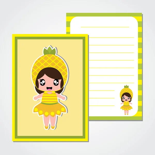 Linda nota de papel con linda piña niña vector de dibujos animados para papel de niño — Vector de stock