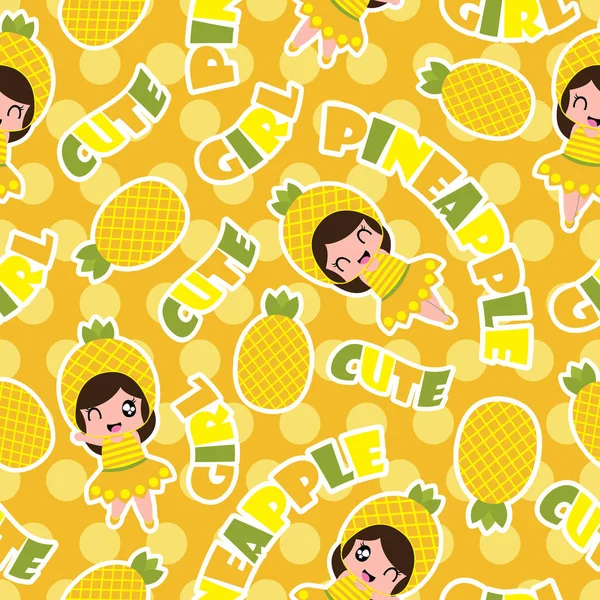 Padrão sem costura verão com meninas de abacaxi bonito em laranja bolinha dot fundo vetor desenhos animados para o verão papel de parede —  Vetores de Stock