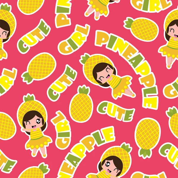 Patrón sin costuras de verano con chicas lindas piña en rosa fondo vector de dibujos animados para el fondo de pantalla de verano — Archivo Imágenes Vectoriales