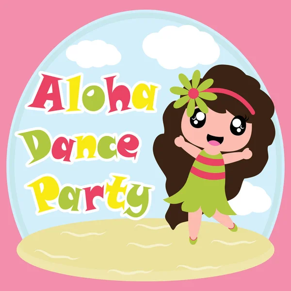 Cute girl is happy in Aloha dance party vector cartoon on beach background, birthday postcard, wallpaper, and greeting card — Stock Vector