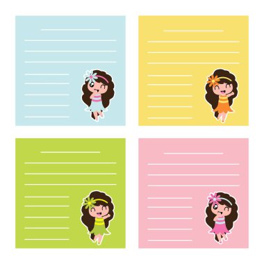 Renkli faturası kağıt renkli arka plan vektör karikatür çocuk not kağıdı için şirin hawaiian kızlarla