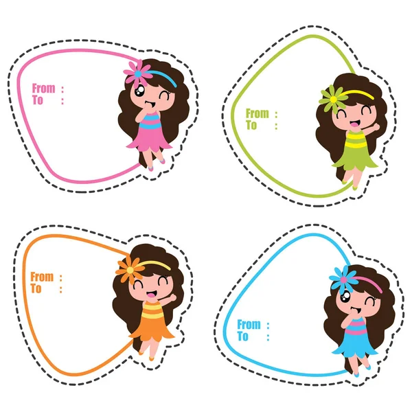 Etiquetas de regalo de cumpleaños con chicas hawaianas lindo en marcos coloridos vector de dibujos animados para niños etiqueta de cumpleaños — Vector de stock