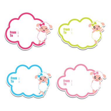 Doğum günü hediyesi Etiketler şirin koyun ile renkli çerçeveler vektör karikatür kız çocuk doğum için etiket kümesi