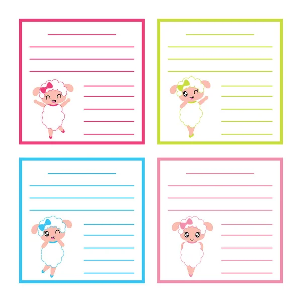 Colorful memo paper with cute sheep girls on colorful frame vector cartoon illustration for kid memo paper set — Stock Vector