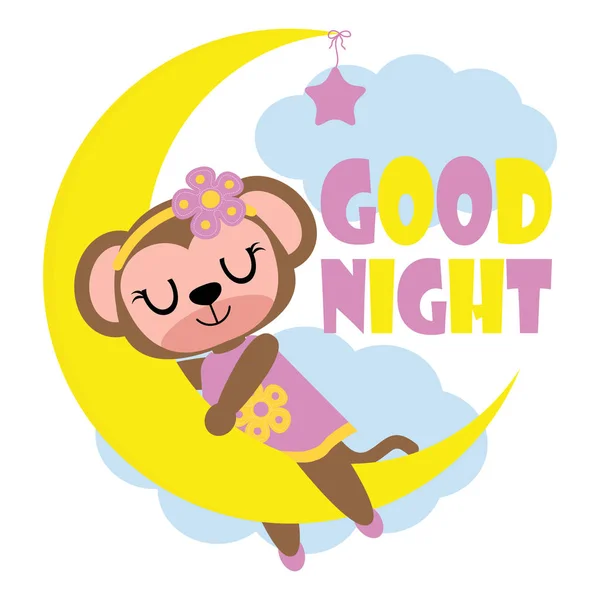 Małpa Ładna dziewczyna śpi na księżyc wektor ilustracja kreskówka dla kid t shirt design — Wektor stockowy