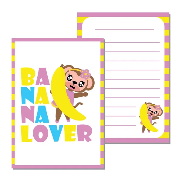 Söt apa flicka älskar banan vektor tecknad illustration för kid papper note design — Stock vektor