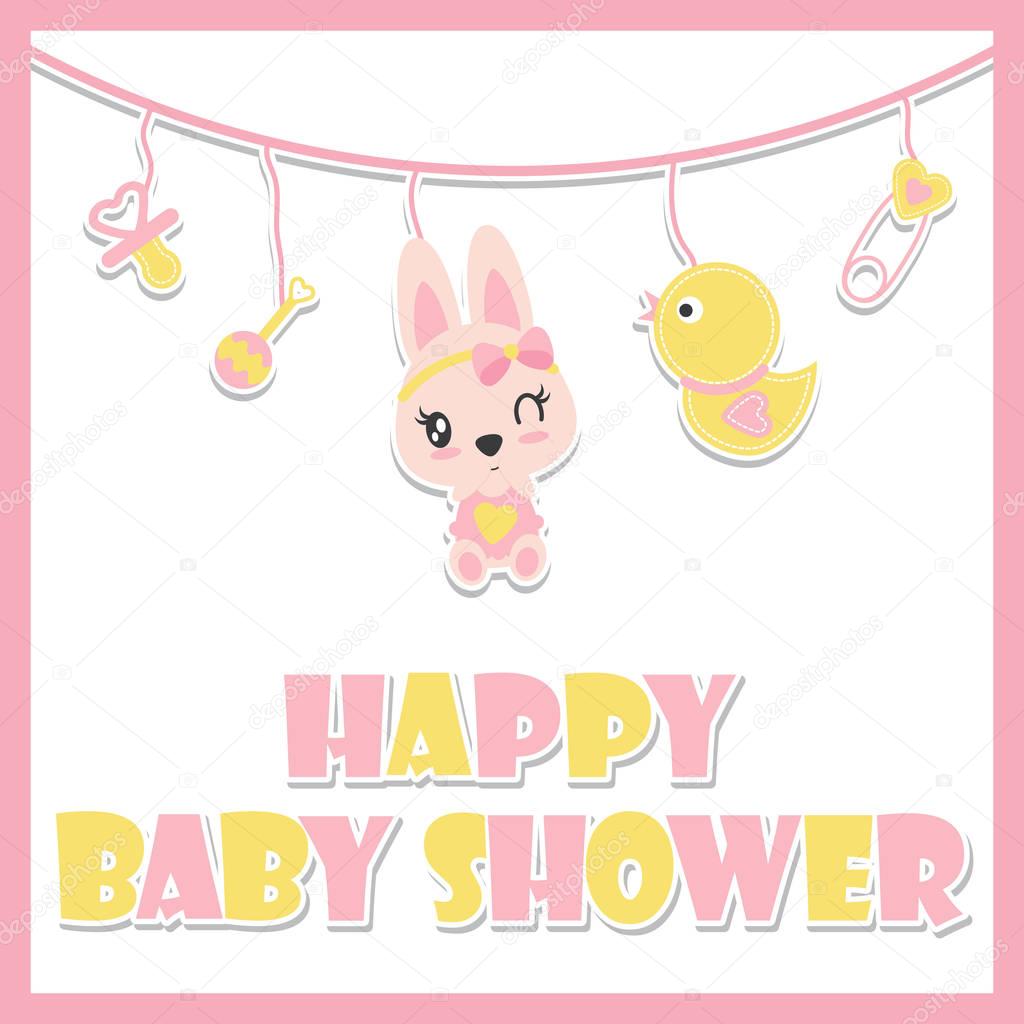 Cute baby bunny and baby toys is hanging vector cartoon illustration for baby shower card design