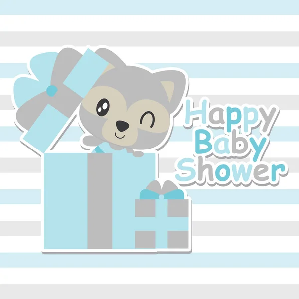 Bonito mapache bebé en caja de regalo ilustración de dibujos animados vectoriales para el diseño de tarjetas de ducha de bebé — Archivo Imágenes Vectoriales
