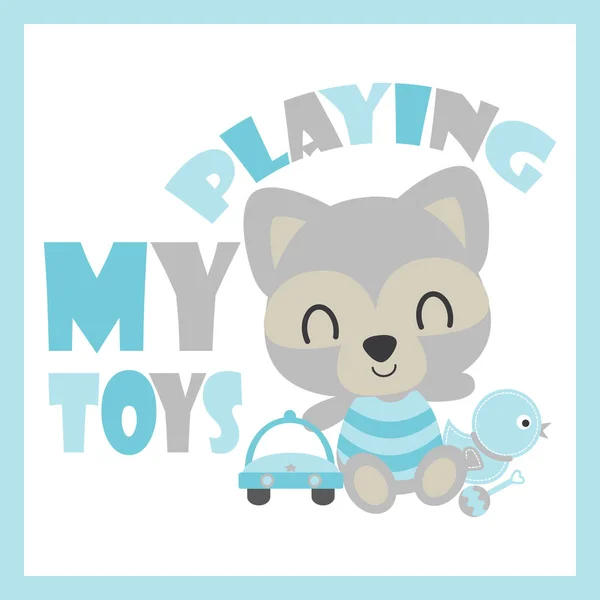 Lindo bebé mapache juega coche y pato juguetes vector de dibujos animados ilustración para bebé ducha tarjeta de diseño — Vector de stock