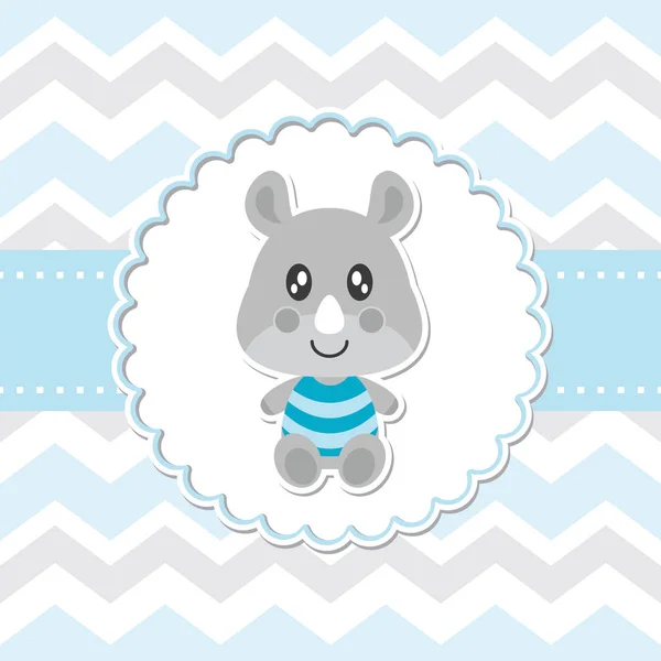 Cute baby rhino sonríe en la ilustración de dibujos animados de vector de marco de flor para el diseño de tarjetas de ducha de bebé — Vector de stock
