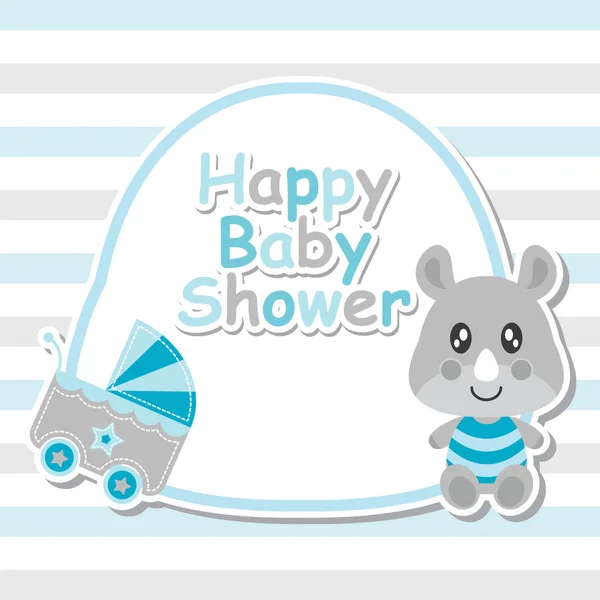Lindo rinoceronte bebé y carrito de bebé en ilustración de dibujos animados vector marco para el diseño de tarjetas de ducha bebé — Archivo Imágenes Vectoriales