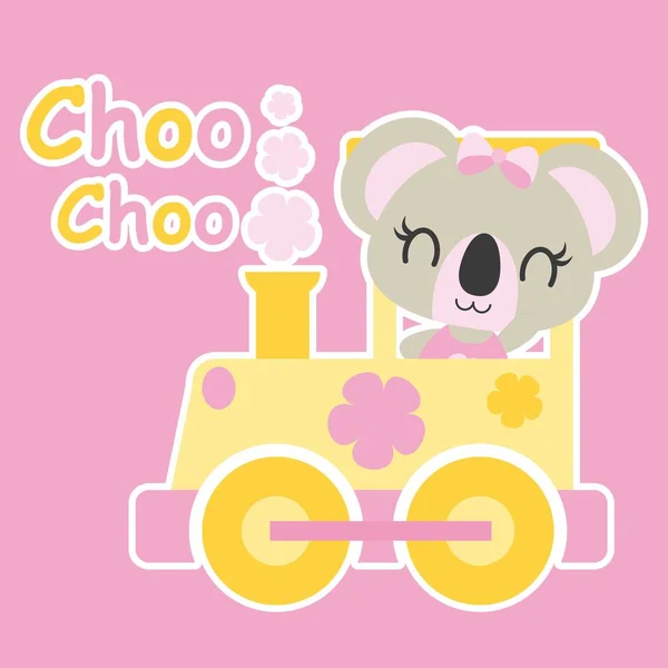 Cute baby koala drives train vector cartoon illustration for baby shower card design — Stockvector