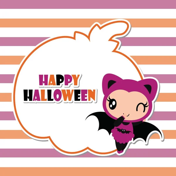 Carino ragazza pipistrello sulla zucca telaio vettore cartone animato illustrazione per Halloween disegno della carta — Vettoriale Stock