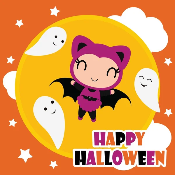 Carino pipistrello ragazza volare con fantasmi sul cielo vettore cartone animato illustrazione per Halloween disegno della carta — Vettoriale Stock