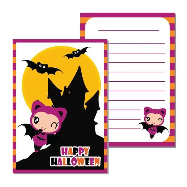 Şirin yarasa Kız Kalesi arka plan vektör karikatür çizim Cadılar Bayramı kartı tasarımı için açık — Stok Vektör