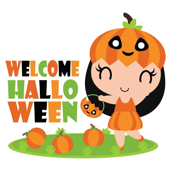 Carino zucca ragazza in zucche giardino vettore cartone animato illustrazione per Halloween disegno della carta — Vettoriale Stock