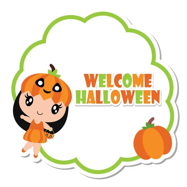 Linda chica de calabaza y calabaza en la ilustración de dibujos animados de vector de marco verde para el diseño de tarjetas de felicitación de Halloween — Vector de stock