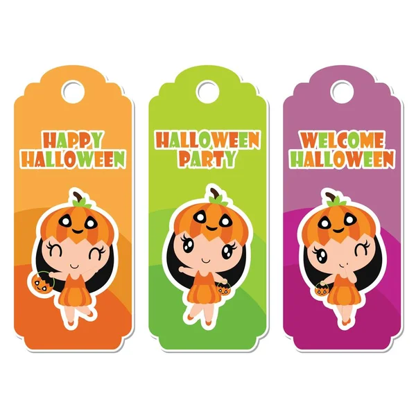 Carino zucca ragazze su sfondo colorato vettore cartone animato illustrazione per Halloween banner design — Vettoriale Stock