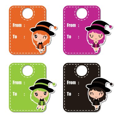 Şirin renkli cadı kızlar Cadılar Bayramı hediye etiket tasarımı için çizgi film illüstrasyon vektör