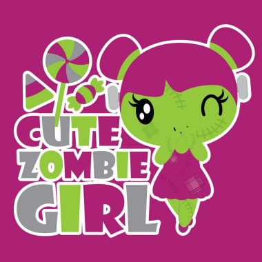 Cadılar Bayramı kartı tasarımı için renkli şekerler vektör karikatür çizim ile sevimli zombi kız