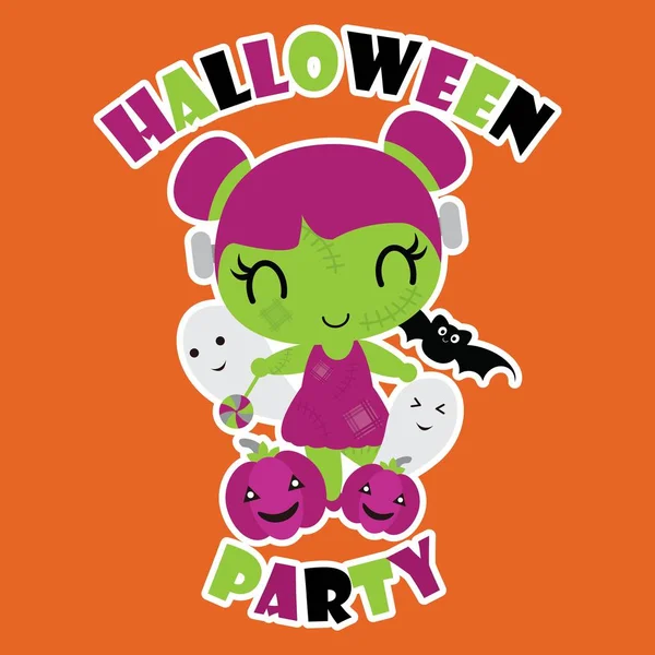 Linda chica zombie con sus amigos en naranja vector de fondo ilustración de dibujos animados para el diseño de tarjetas de Halloween — Vector de stock