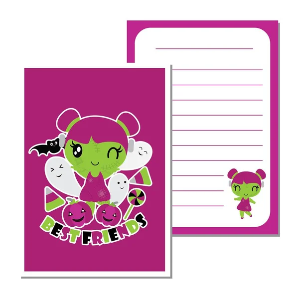 Linda chica zombie y sus amigos vector de dibujos animados ilustración para el diseño de tarjetas de papel de Halloween — Vector de stock