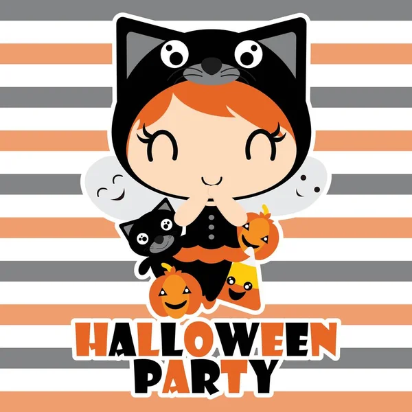 Carino gatto nero ragazza, Jack O Lanterna e fantasmi nella festa di Halloween vettoriale illustrazione del fumetto per il disegno della carta di Halloween — Vettoriale Stock