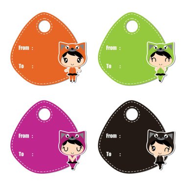 Şirin kedi kızlar renkli arka plan üzerinde halloween hediye etiket tasarımı için çizgi film illüstrasyon vektör