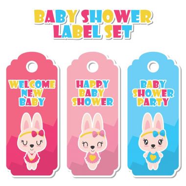 Sevimli Tavşan kızlar renkli giysileri ile bebek duş etiket set tasarımı için çizgi film illüstrasyon vektör