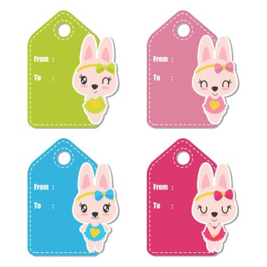Renkli arka plan üzerinde sevimli tavşan kız bebek duş hediye etiket tasarımı için çizgi film illüstrasyon vektör