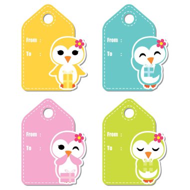 Sevimli penguen kızlar renkli arka plan üzerinde doğum günü hediye etiket tasarımı için çizgi film illüstrasyon vektör